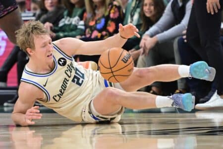 Bucks take another blow as AJ Green exits with shoulder injury against 76ers Nov 29, 2025; Milwaukee, Wisconsin, USA; Milwaukee Bucks guard AJ Green (20) falls after a foul in the third quarter against the Brooklyn Nets at Fiserv Forum. Mandatory Credit: Benny Sieu-Imagn Images