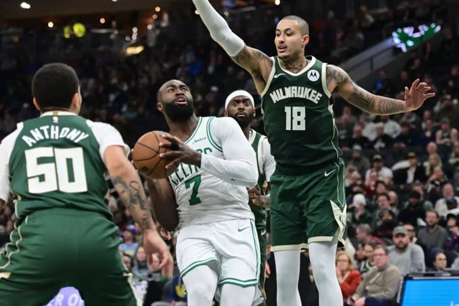 Bucks make NBA history in win over Celtics 1 Dec 11, 2025; Milwaukee, Wisconsin, USA; Boston Celtics forward Jaylen Brown (7) looks for a shot against Milwaukee Bucks forward Kyle Kuzma (18) in the fourth quarter at Fiserv Forum. Mandatory Credit: Benny Sieu-Imagn Images