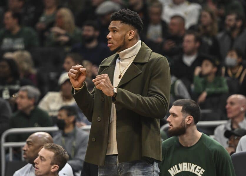 Latest Giannis Antetokounmpo investment sparks Knicks trade anew 1 Apr 1, 2022; Milwaukee, Wisconsin, USA; Milwaukee Bucks forward Giannis Antetokounmpo (34) in street clothes during a game against the LA Clippers at Fiserv Forum. Mandatory Credit: Benny Sieu-Imagn Images