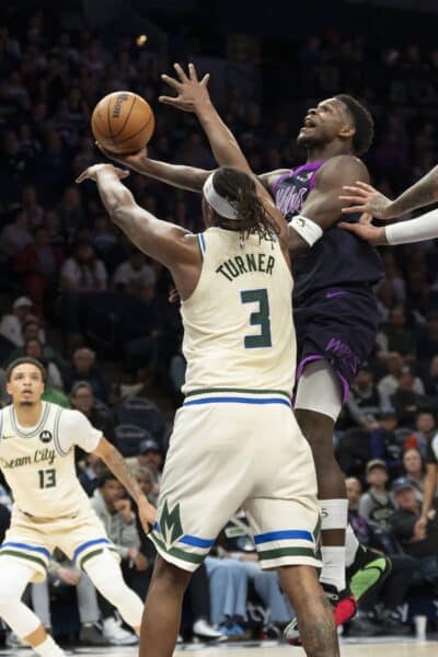 Bucks’ road struggles continue in heartbreaking 103-100 loss to Timberwolves 2 Dec 21, 2025; Minneapolis, Minnesota, USA; Minnesota Timberwolves guard Anthony Edwards (5) drives to the basket and shoots the ball past Milwaukee Bucks center Myles Turner (3) in the second half at Target Center. Mandatory Credit: Jesse Johnson-Imagn Images