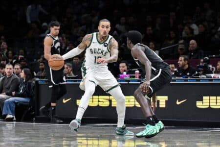 “It’s 45 points to a team trying to lose”: Kyle Kuzma takes subtle shot at Nets after Bucks’ embarrassing loss Dec 14, 2025; Brooklyn, New York, USA; Milwaukee Bucks forward Kyle Kuzma (18) dribbles the ball defended by Brooklyn Nets guard/forward Drake Powell (4) during the first half at Barclays Center. Mandatory Credit: John Jones-Imagn Images