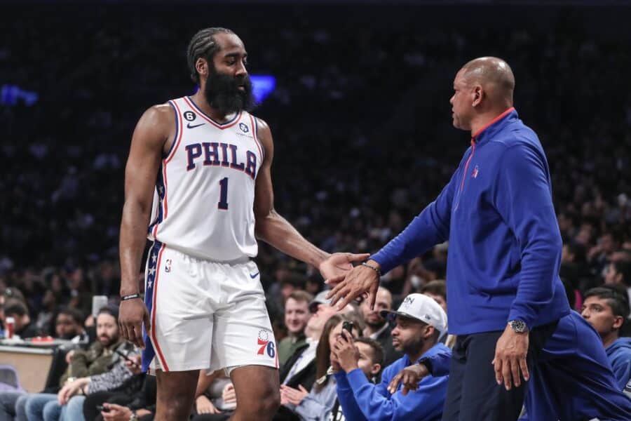 Past friction with Doc Rivers ends any chance of James Harden joining the Bucks 1 Apr 20, 2023; Brooklyn, New York, USA; Philadelphia 76ers guard James Harden (1) is greeted by head coach Doc Rivers during game three of the 2023 NBA playoffs against the Brooklyn Nets at Barclays Center. Mandatory Credit: Wendell Cruz-Imagn Images