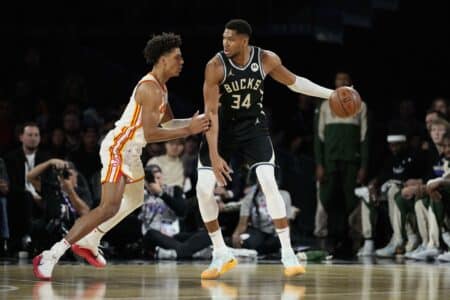 Insider reveals Hawks’ untouchable piece amid Giannis Antetokounmpo rumors Dec 14, 2024; Las Vegas, Nevada, USA; Milwaukee Bucks forward Giannis Antetokounmpo (34) controls the ball against Atlanta Hawks forward Jalen Johnson (1) during the first quarter in a semifinal of the 2024 Emirates NBA Cup at T-Mobile Arena. Mandatory Credit: Kyle Terada-Imagn Images