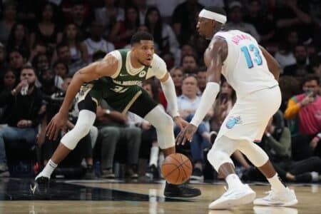 Waiting on the offseason could strengthen Heat’s trade case for Giannis Antetokounmpo Apr 5, 2025; Miami, Florida, USA; Miami Heat center Bam Adebayo (13) looks to pass the ball as Milwaukee Bucks forward Giannis Antetokounmpo (34) defends during the second half at Kaseya Center. Mandatory Credit: Jim Rassol-Imagn Images