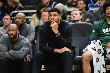 Insider reiterates Bucks not budging on Giannis Antetokounmpo trade Dec 11, 2025; Milwaukee, Wisconsin, USA; Milwaukee Bucks forward Giannis Antetokounmpo (34) looks on from the bench while recovering from an injury in the second quarter against the Boston Celtics at Fiserv Forum. Mandatory Credit: Benny Sieu-Imagn Images