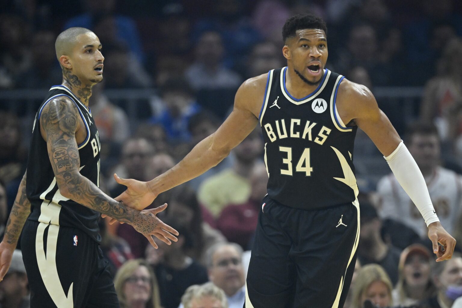 “Not My Nature” Giannis Antetokounmpo Sends Clear Message About Future With Bucks (Report) Nov 17, 2025; Cleveland, Ohio, USA; Milwaukee Bucks forward Kyle Kuzma (18) and forward Giannis Antetokounmpo (34) celebrate in the first quarter against the Cleveland Cavaliers at Rocket Arena. Mandatory Credit: David Richard-Imagn Images