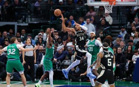 Mavericks’ wild Giannis Antetokounmpo scenario shut down by NBA insider Nov 10, 2025; Dallas, Texas, USA; Milwaukee Bucks forward Giannis Antetokounmpo (34) passes the ball over Dallas Mavericks guard Brandon Williams (10) during the fourth quarter at American Airlines Center. Mandatory Credit: Kevin Jairaj-Imagn Images
