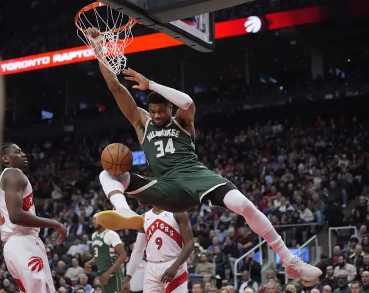 Bucks rise on NBA Power Rankings with Giannis Antetokounmpo leading the way 2 Nov 4, 2025; Toronto, Ontario, CAN; Milwaukee Bucks forward Giannis Antetokounmpo (34) hangs off of the basket after dunking aginast the Toronto Raptors during the first half at Scotiabank Arena. Mandatory Credit: John E. Sokolowski-Imagn Images