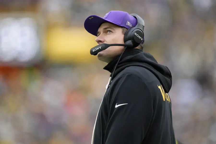 Nov 23, 2025; Green Bay, Wisconsin, USA; Minnesota Vikings head coach Kevin O'Connell on the sidelines against the Green Bay Packers during the first half at Lambeau Field. Mandatory Credit: Jeff Hanisch-Imagn Images