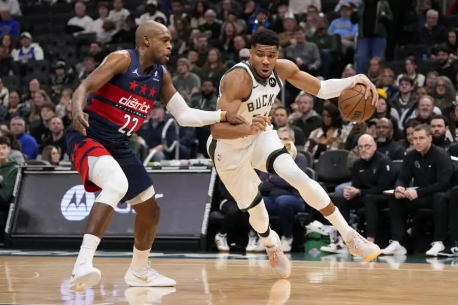 Incredible Giannis stat 1 more reason Bucks fans can't wait to see him back at full force 1 Milwaukee Bucks forward Giannis Antetokounmpo (34) drives for to the basket against Washington Wizards forward Khris Middleton (22) during the first quarter at Fiserv Forum.