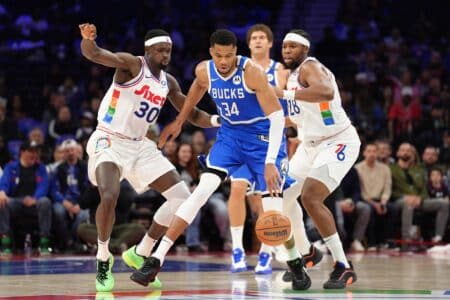 Bill Simmons outlines crazy Giannis Antetokounmpo trade to the 76ers Apr 3, 2025; Philadelphia, Pennsylvania, USA; Milwaukee Bucks forward Giannis Antetokounmpo (34) controls the ball against Philadelphia 76ers center Adem Bona (30) and forward Guerschon Yabusele (28) in the fourth quarter at Wells Fargo Center. Mandatory Credit: Kyle Ross-Imagn Images
