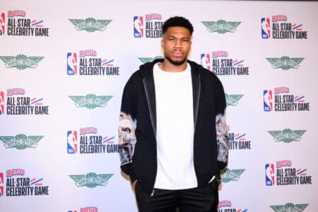 Giannis Antetokounmpo trolls Shams Charania at Celebrity All-Star game Feb 13, 2026; Los Angeles, CA, USA; Giannis Antetokounmpo arrives on the green carpet prior to an NBA Celebrity All-Star basketball game at Kia Forum. Mandatory Credit: William Liang-Imagn Images