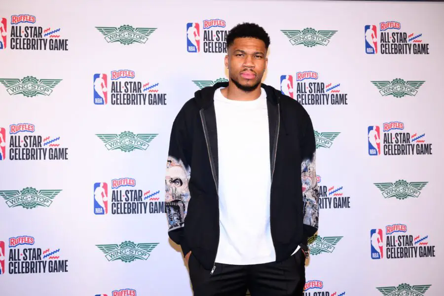 Giannis Antetokounmpo trolls Shams Charania at Celebrity All-Star game Feb 13, 2026; Los Angeles, CA, USA; Giannis Antetokounmpo arrives on the green carpet prior to an NBA Celebrity All-Star basketball game at Kia Forum. Mandatory Credit: William Liang-Imagn Images