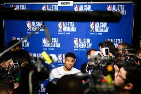 Giannis Antetokounmpo reaffirms focus on winning and not leaving the Bucks Feb 14, 2026; Inglewood, California, USA; Giannis Antetokounmpo speaks during interviews at media day at Intuit Dome. Mandatory Credit: William Liang-Imagn Images