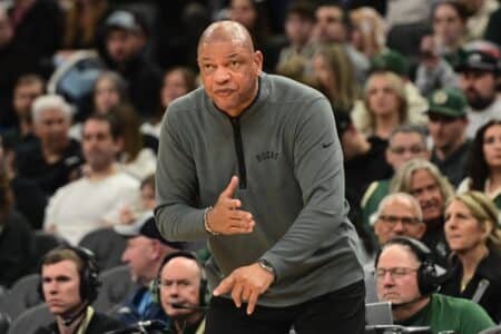 Feb 6, 2026; Milwaukee, Wisconsin, USA; Milwaukee Bucks head coach Doc Rivers calls a play in the second quarter against the Indiana Pacers at Fiserv Forum. Mandatory Credit: Benny Sieu-Imagn Images