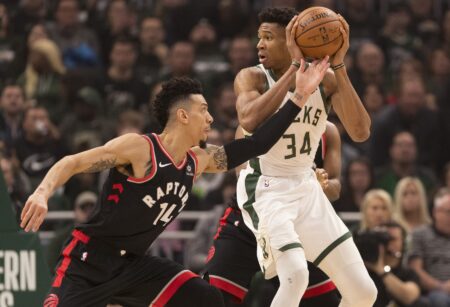 Danny Green urges Bucks to pursue All-Star Game MVP to keep Giannis Antetokounmpo May 17, 2019; Milwaukee, WI, USA; Toronto Raptors guard Danny Green (14) defends Milwaukee Bucks forward Giannis Antetokounmpo (34) during the first quarter in game two of the Eastern conference finals of the 2019 NBA Playoffs at Fiserv Forum. Mandatory Credit: Jeff Hanisch-Imagn Images