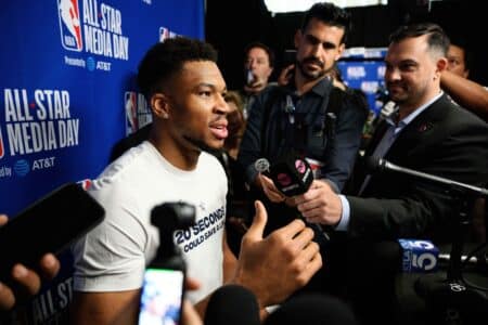 Giannis Antetokounmpo weighs in on Messi vs. Ronaldo GOAT debate Feb 14, 2026; Inglewood, California, USA; Giannis Antetokounmpo speaks during interviews at media day at Intuit Dome. Mandatory Credit: William Liang-Imagn Images